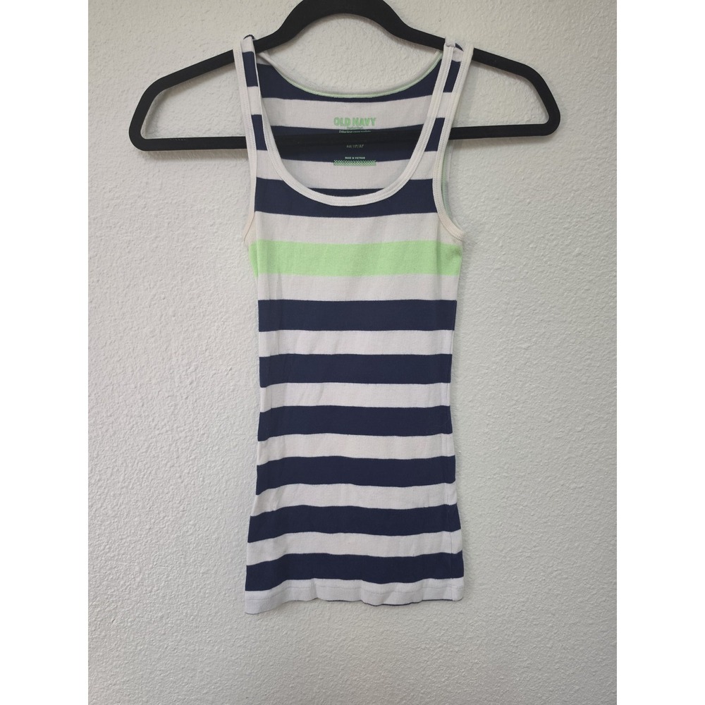 Old Navy Women's XS Striped Tank Top Blue White Neon Green Sleeveless Tee